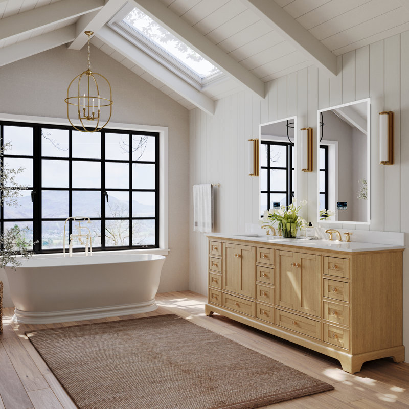 Meuble-lavabo double autoportant Brimfield, Or rose, Chêne