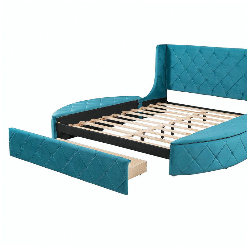 Grand lit de rangement en velours avec lit plateforme tapissier, tête de lit à oreilles et 1 grand tiroir, 2 tabourets de rangement latéraux (bleu)