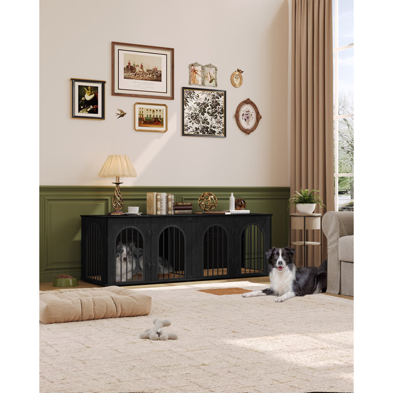 71" Dog Crate Furniture for 2 Dogs, Heavy Duty Indoor Dog Kennel TV Stand, XXL Wooden Dog Cage with Divider for Medium Large Dogs, End Table Dog Crate with Cushion