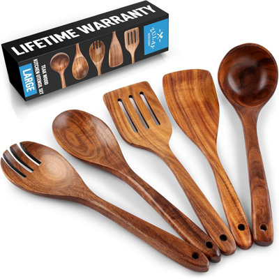 Zulay 5-Piece Teak Wooden Utensils For Cooking, Smooth Finish Kitchen Utensils Set