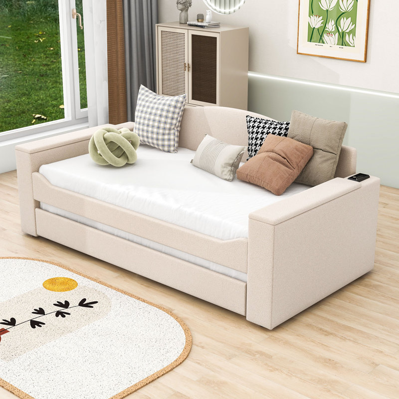 Lit de jour rembourré Vaelin, Beige, Lit simple