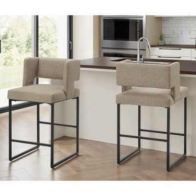 Ensemble de 2 tabourets de bar de hauteur comptoir, revêtement en tissu brun, structure en métal noir, chaises de cuisine modernes et contemporaines