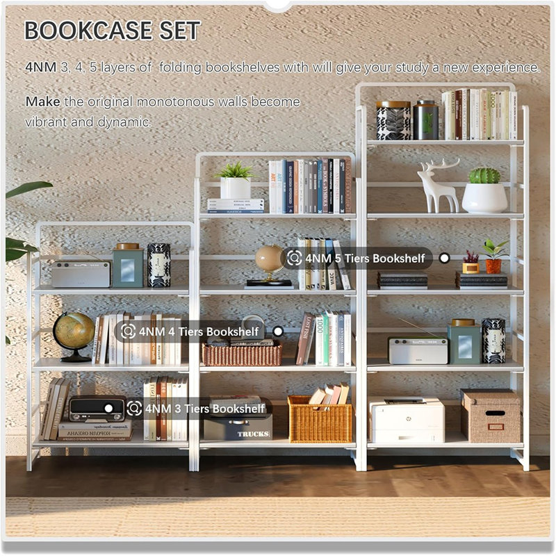 Bibliothèque pliante à 5 niveaux, entièrement blanche, bibliothèque sur pied rétro et tablettes de rangement pour bureau à domicile, bureau ou salon