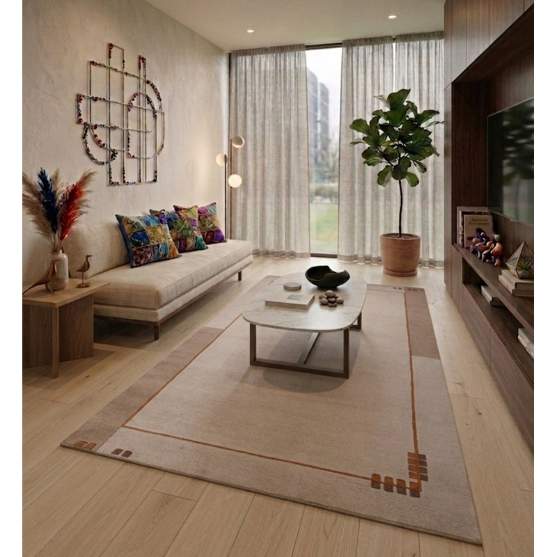 Tapis d'intérieur beige contemporain 100% laine Tibbati, Rectangle 5 pi 7 po x 7 pi 10 po