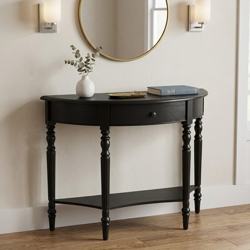 TREXM Space-Saving Farmhouse Console Table,Half Moon Sofa Table with Drawer and Lower Shelf for Entryway,Hallway,Foyer, Black