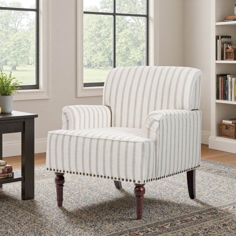 Iliana Armchair with Solid Wood Legs and Nailhead Trim, Pinstripe Light Brown