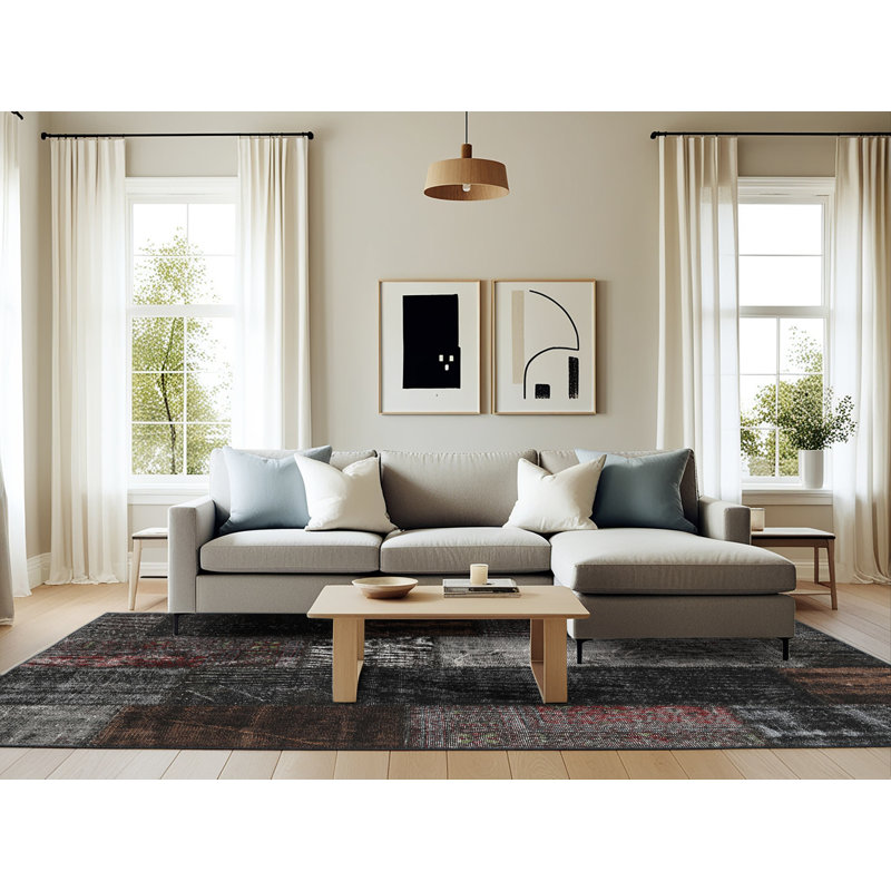 Tapis contemporain noir / gris, Rectangle 6 pi x 9 pi