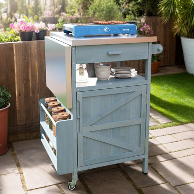 40.5" All-In-One Outdoor Grill Cart, Solid Wood & Stainless Steel Storage Cabinet With Drop-Leaf, Lockable Wheels & Towel Racks, Stylish Rolling Kitch