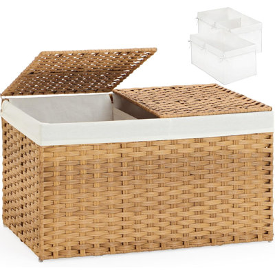 Panier de rangement avec couvercle, en rotin tressé, 2 couvercles séparés, 65 L (17,2 gallons), pliable, 2 sacs de rangement amovibles, poignées, naturel