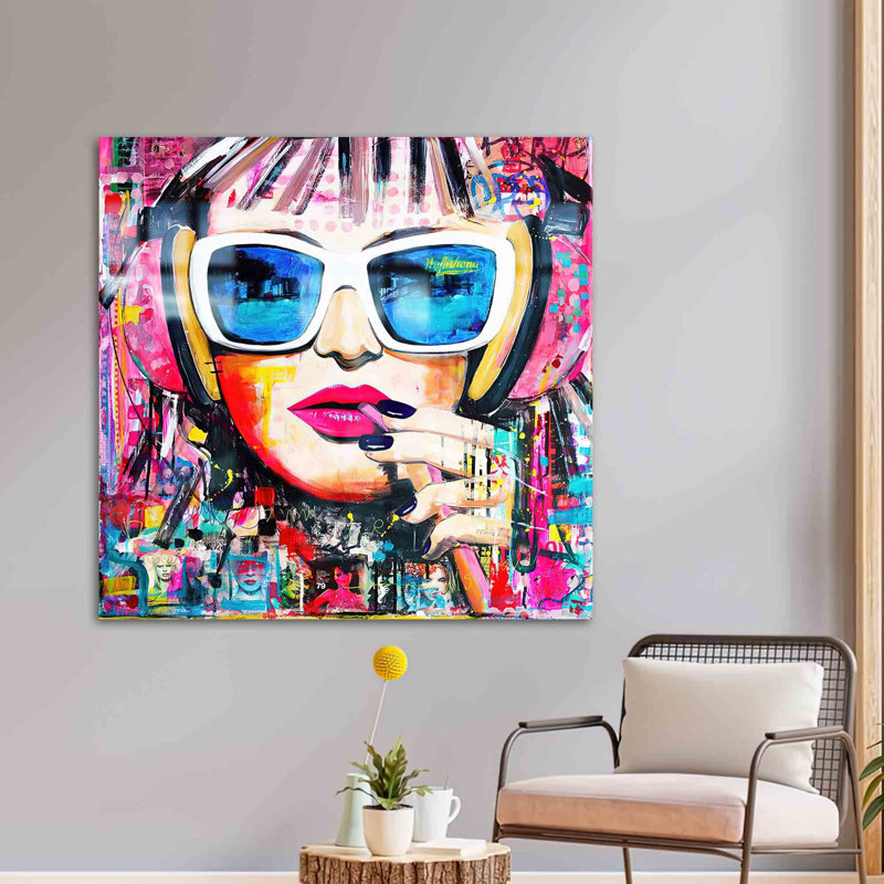Graffiti abstrait imprimé sur verre trempé avec des lèvres de femme pour une décoration murale, H 15,7 po x l 15,7 po