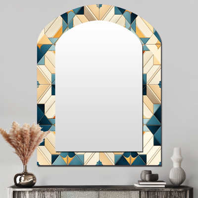 Carreaux Sabanc antique beige et bleu Sabanc - grand miroir mural asymétrique géométrique, miroir décoratif sarcelle, impression sur métal
