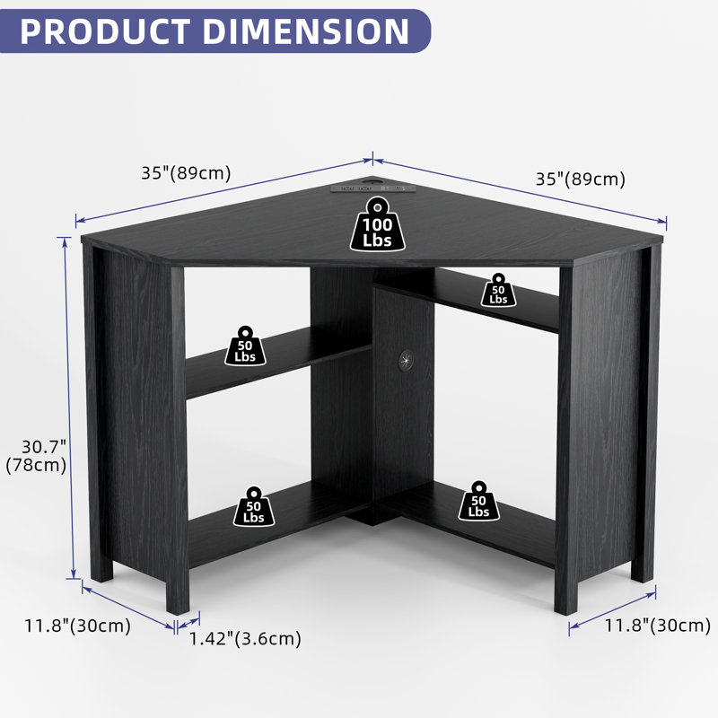 Pentagonal Corner Computer Desk with Charging Station, Adjustable Led Lighting, Black