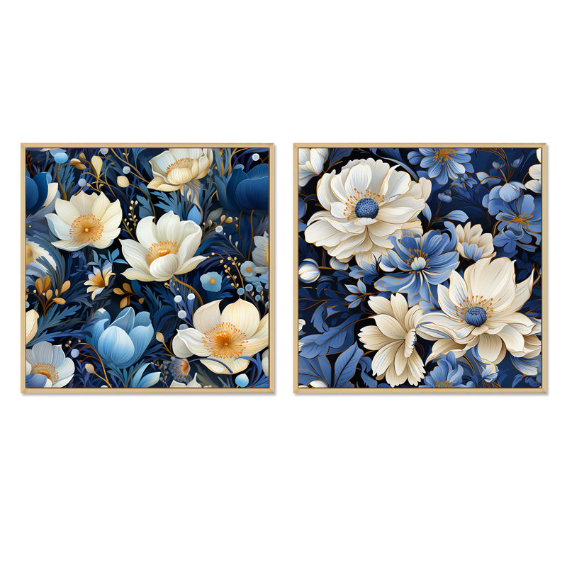 Franck - Ensemble de 2 collages floraux carrés, H 16 po x l 33 po, Cadre flottant brun