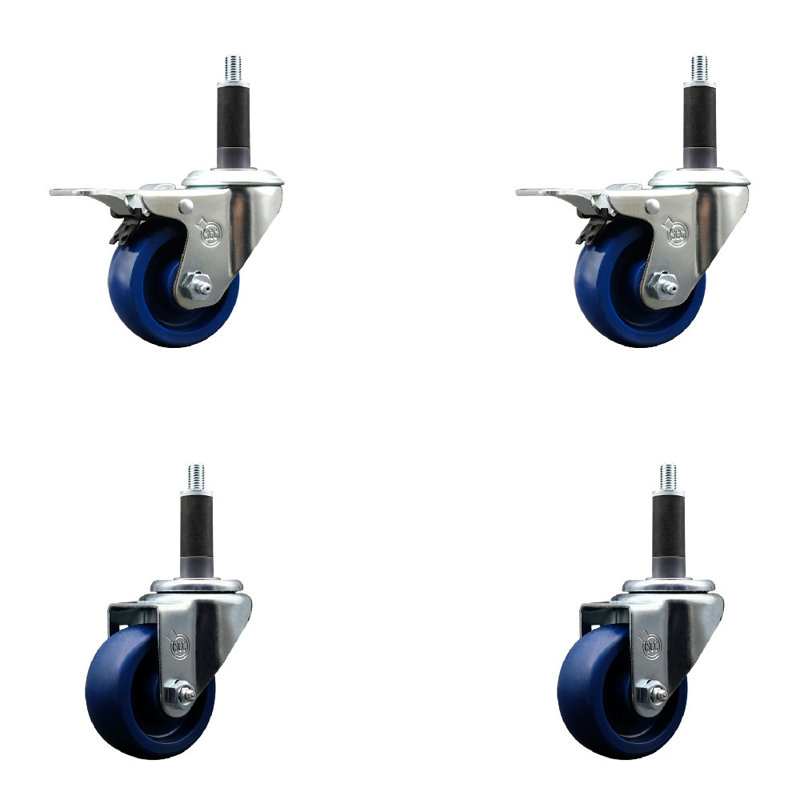 Solid Poly Swivel Expanding Stem Caster Set 2 Total Lock Brakes, 3" x 1"