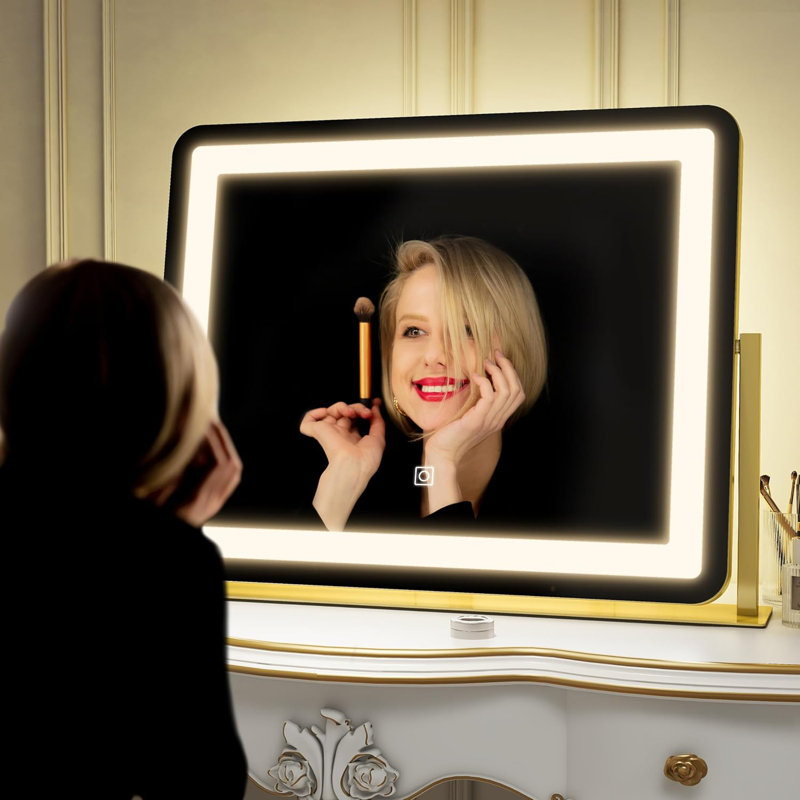 Miroir de salle de bain éclairé avec gradateur tactile intelligent, miroir de maquillage à DEL réglable 3 couleurs, miroir de table rotatif à 360 ° avec cadre en alliage d'aluminium robuste, grand miroir lumineux pour bureau de maquillage