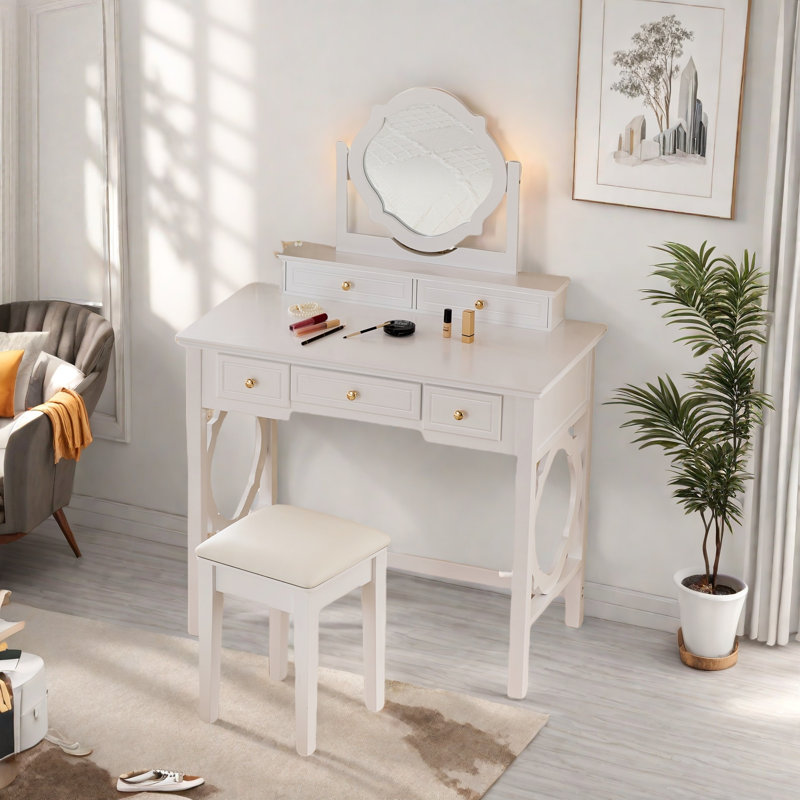Elegant Makeup Vanity Table With Reversible Four-leaf Shaped Mirror, 5 Drawers, Golden Round Handles And A Stool