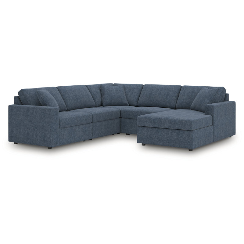 Canapé modulaire 5 pièces avec méridienne Depew, Polyester bleu, Orienté à droite