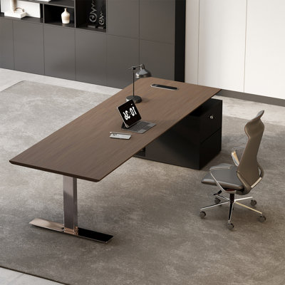 Bureau minimaliste moderne en noyer avec cadre en acier inoxydable et armoire de rangement à tiroirs, convenant à plusieurs cas de figure