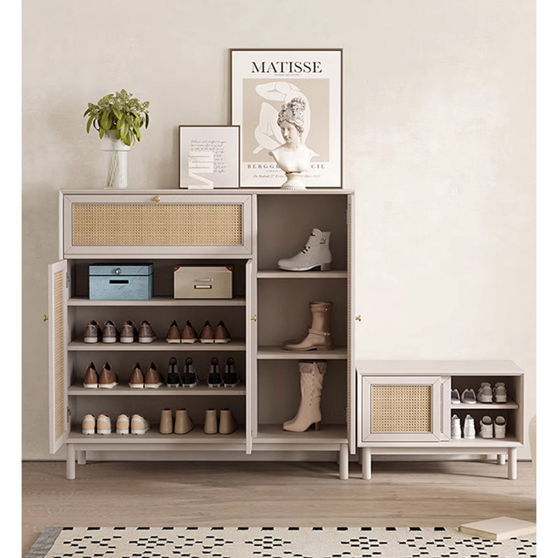 French-Style Wicker-Weave Solid Oak Shoe Cabinet, White