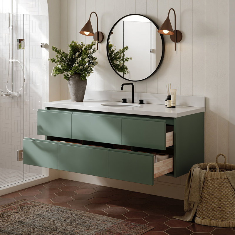   Ensemble de meuble-lavabo mural ovale simple 61 po avec comptoir à quartz blanc de 1,5 po Ensembles, Ovale, Vert rétro