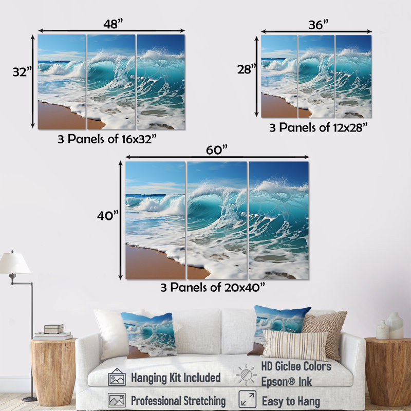 «Turquoise Power of Ocean Wave I», ensemble de reproductions d'art mural côtier, H 40 po x l 60 po x P 1 po, Toile tendue