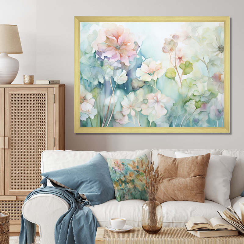 «Blue Enchanted Gardens III - Abstract Botanicals», reproduction d'art sur toile, L 32 po x H 24 po, Cadre flottant doré
