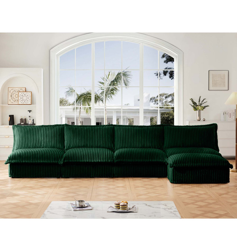 Canapé modulaire confortable avec repose-pieds amovible pour le salon, Velours côtelé vert