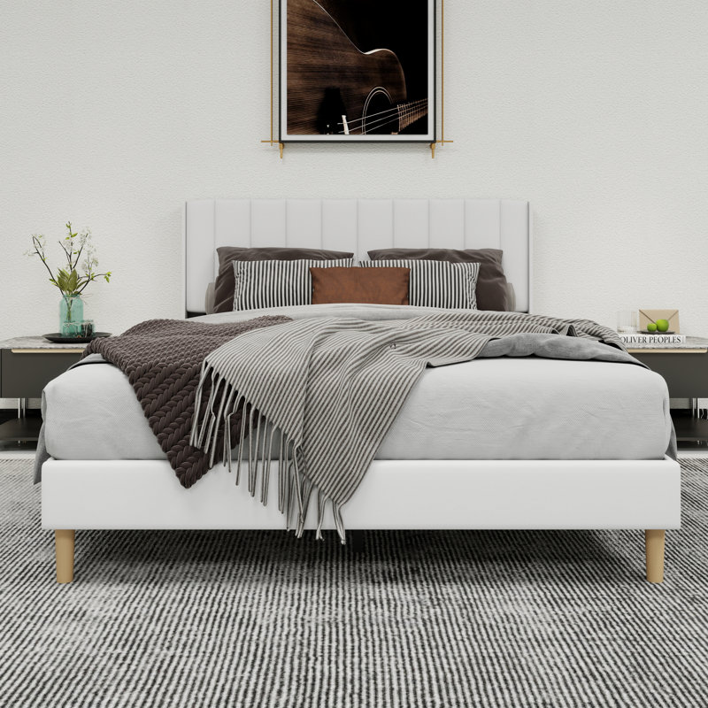 Lit plateforme tapissier avec tête de lit, Blanc, Grand