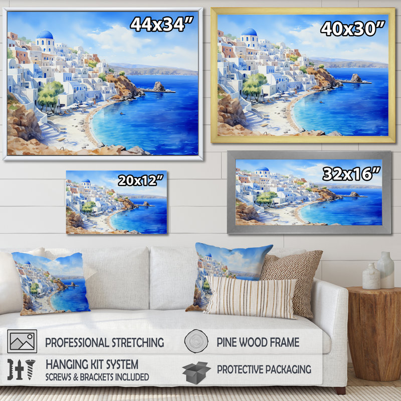 Santorini, Grèce, sérénité - Grèce, art mural, Cadre d'angle fermé noir, H 16 po x l 32 po x P 1 po