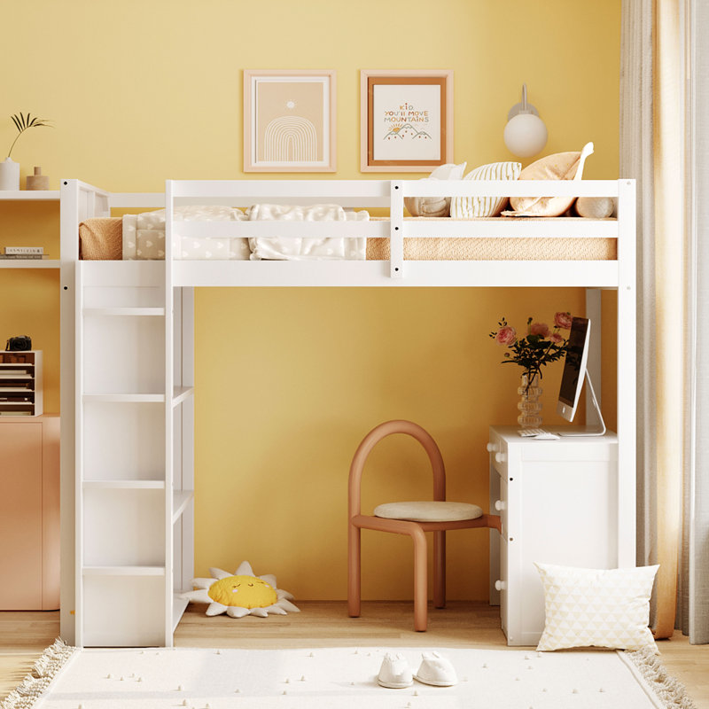 Loft Bed With Ladder, Shelves, And Desk, Twin, White