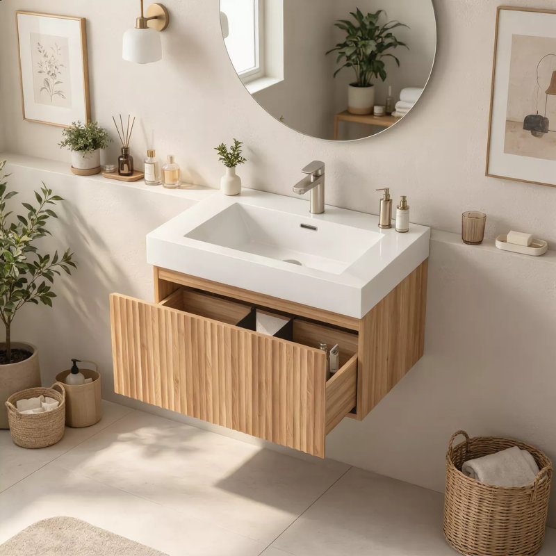 Meuble-lavabo mural de 30 po, vasque murale en contreplaqué, couleur acacia, armoire minimaliste pour petites salles de bain