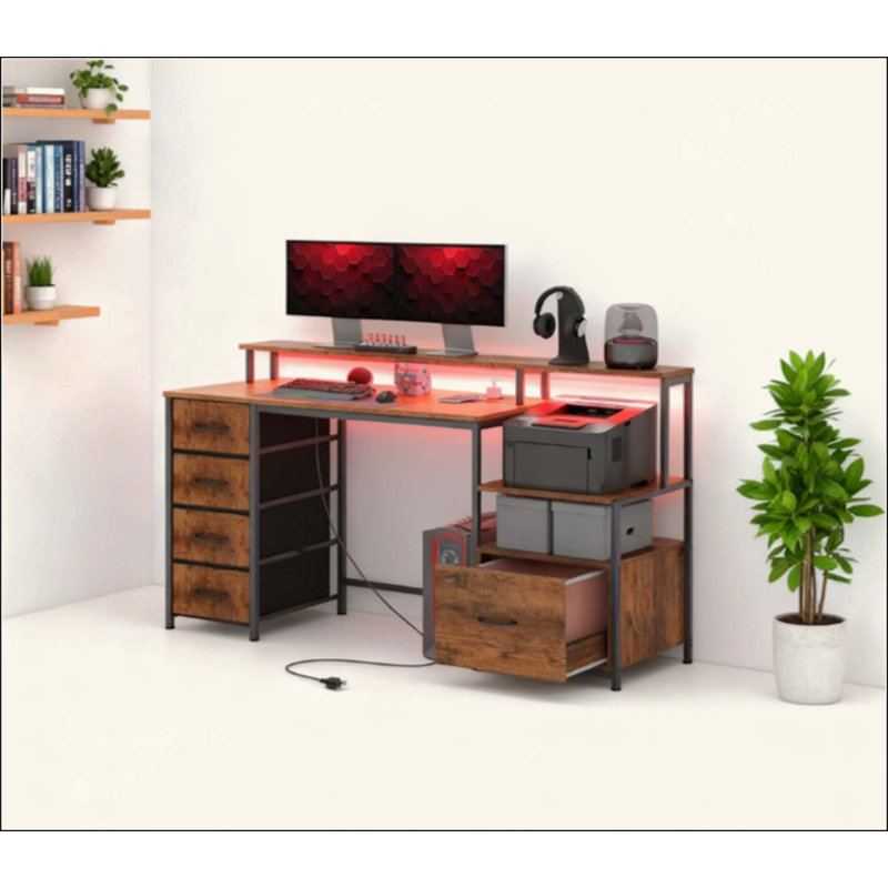 Computer Desk With Power Outlets, LED Lights, File Cabinet, And Fabric Drawers For Home Office | Gift Idea