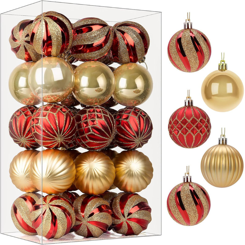 Ornements de boules de Noël 30ct 2,36 pouces, rouge et or, 60mm
