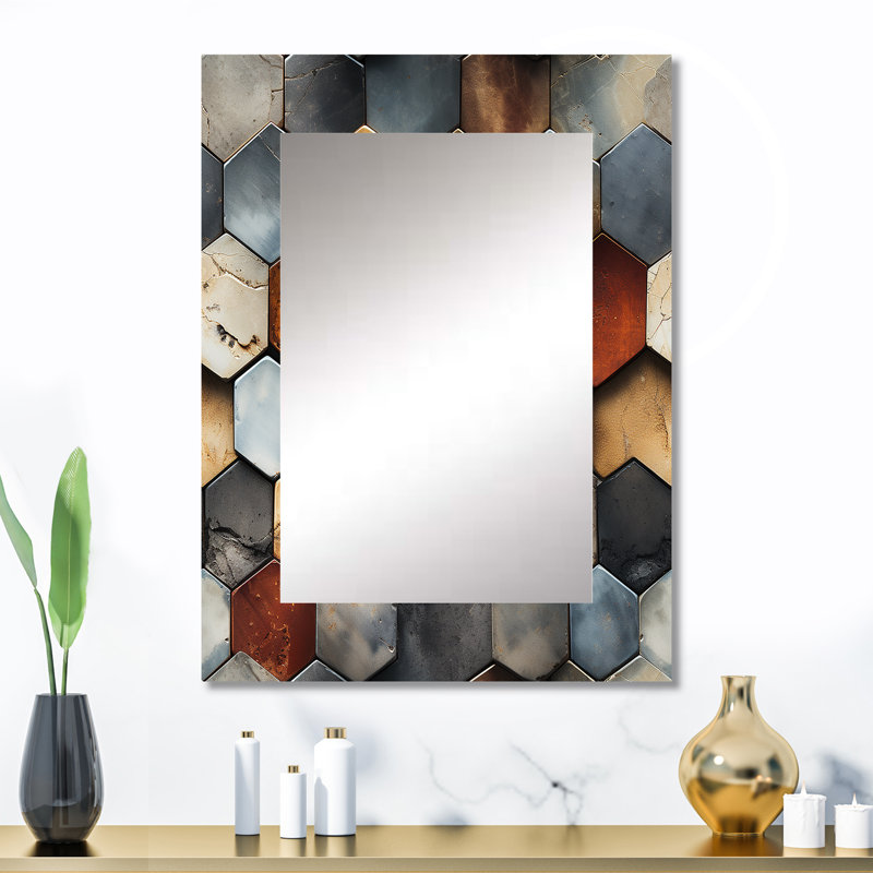 Motif bohème Hatsu Rustic Hexagons - miroir géométrique, miroir mural décoratif moderne, impression d'art en métal