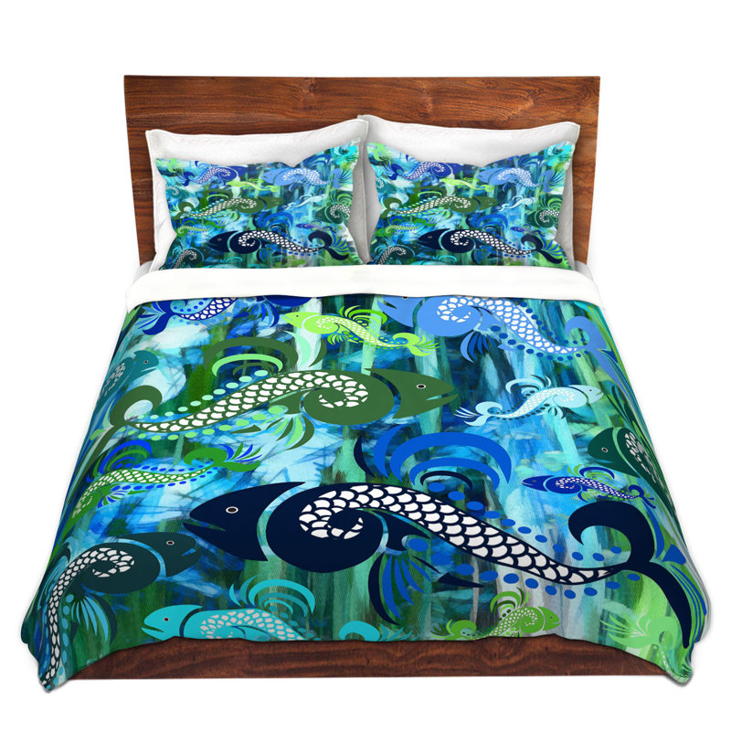 Ensemble de housse de couette Pleasant Of Fish In The Sea I, 1 housse de couette grand + 2 taies standards, Bleu / vert