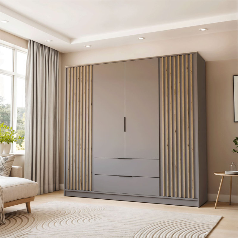 Theroux 4 Door Solid + Manufactured Wood Wardrobe, Grey/Lamela Artisan