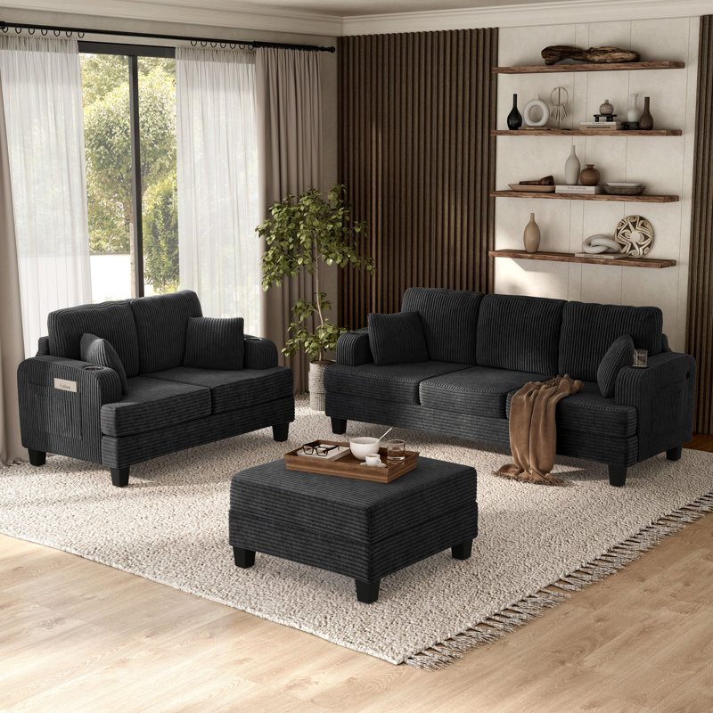 Luka 2-Piece Chenille Sofa Set, 3 Pcs: Sofa, Loveseat, Chair, Dark Gray