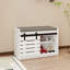 Banc de rangement pour chaussures moderne avec porte de grange coulissante et tablettes réglables, organisateur de rangement peu encombrant avec coussin confortable