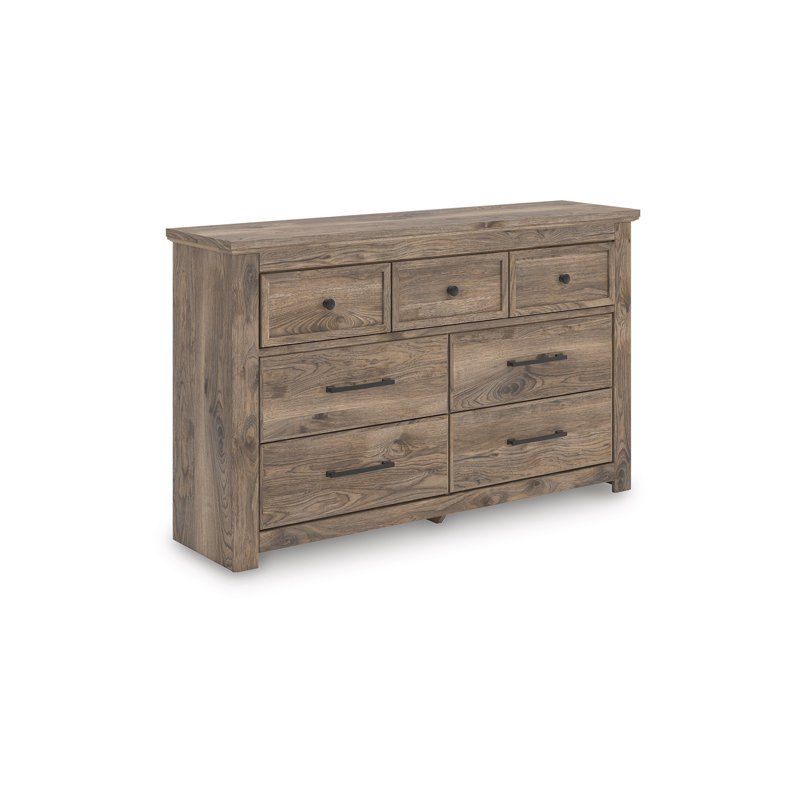 Commode large 7 tiroirs Cota, quincaillerie bronze, bois brun traditionnel