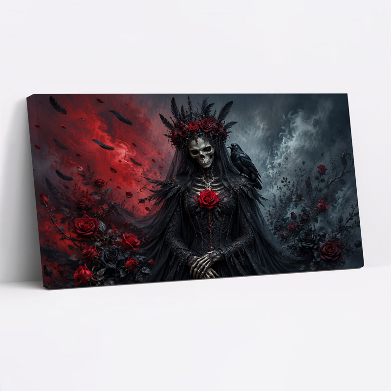 Reine squelette avec roses rouges et corbeau noir - Toile murale d'Halloween, L 32 po x H 16 po