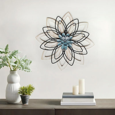 White & Blue Metal Floral Wall Sculpture, Farmhouse Hanging Wall Decor