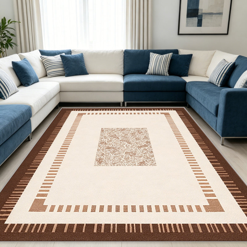 Brown Striped Border area rugs for Living Room, Soft and Comfortable, Suitable for all seasons, easy to maintain, machine washable Indoor floor mat, Under Table Farmhouse suitable for Bedroom, Dining Room, Study,  Balcony, Home Decor Patio