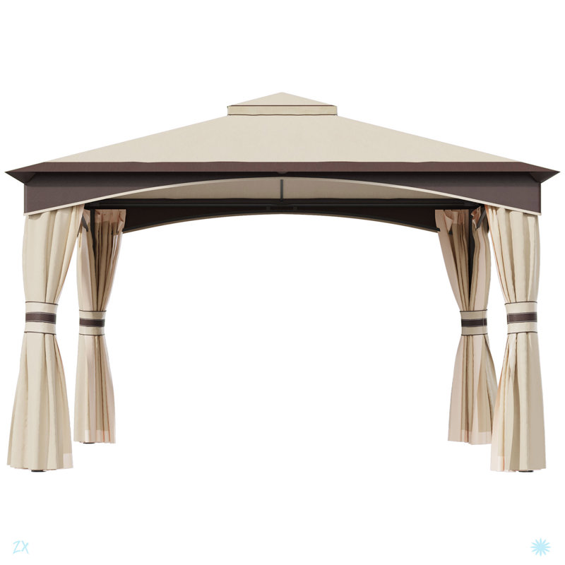 10' X 12' Outdoor Gazebo With Netting And Curtains, Patio Gazebo Canopy With 2-Tier Soft Top Roof And Steel Frame For Lawn, Garden, Backyard And Deck