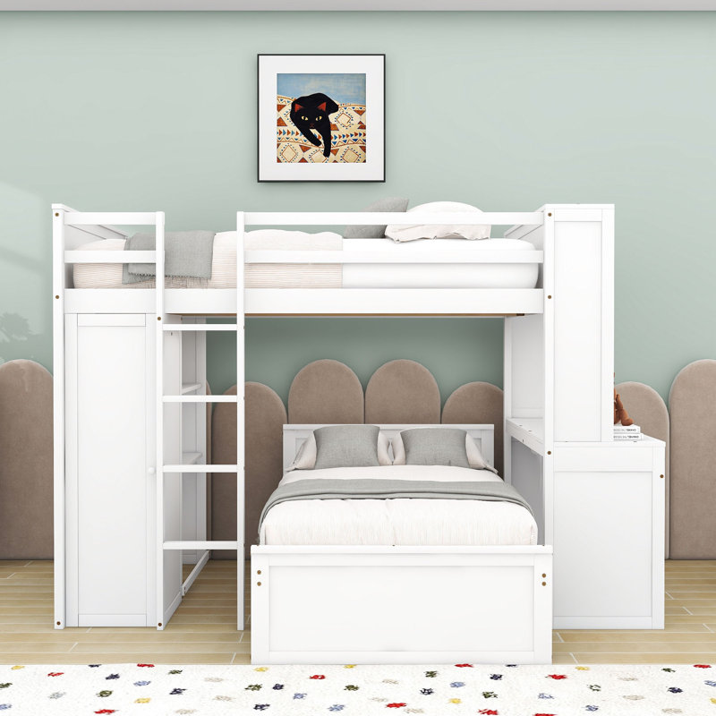 Lit superposé en bois avec bureau, tablettes et garde-robe, 	Double sur simple, Blanc