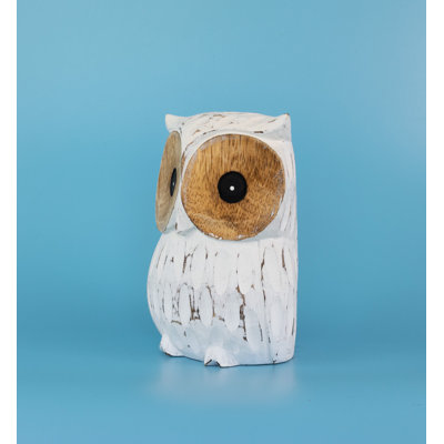 Handmade White-Washed Wooden Owl Statue Figurine Hoot Sculpture Art Home Decor Accent Handcrafted Decoration