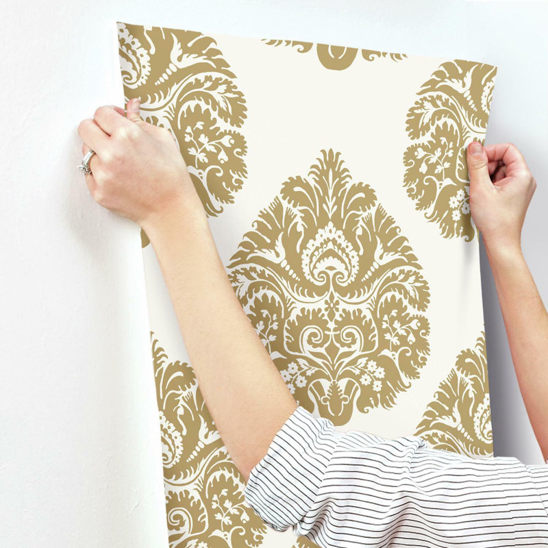 Rouleau de papier peint lisse 27 pi 27 po Teardrop Damask, Or