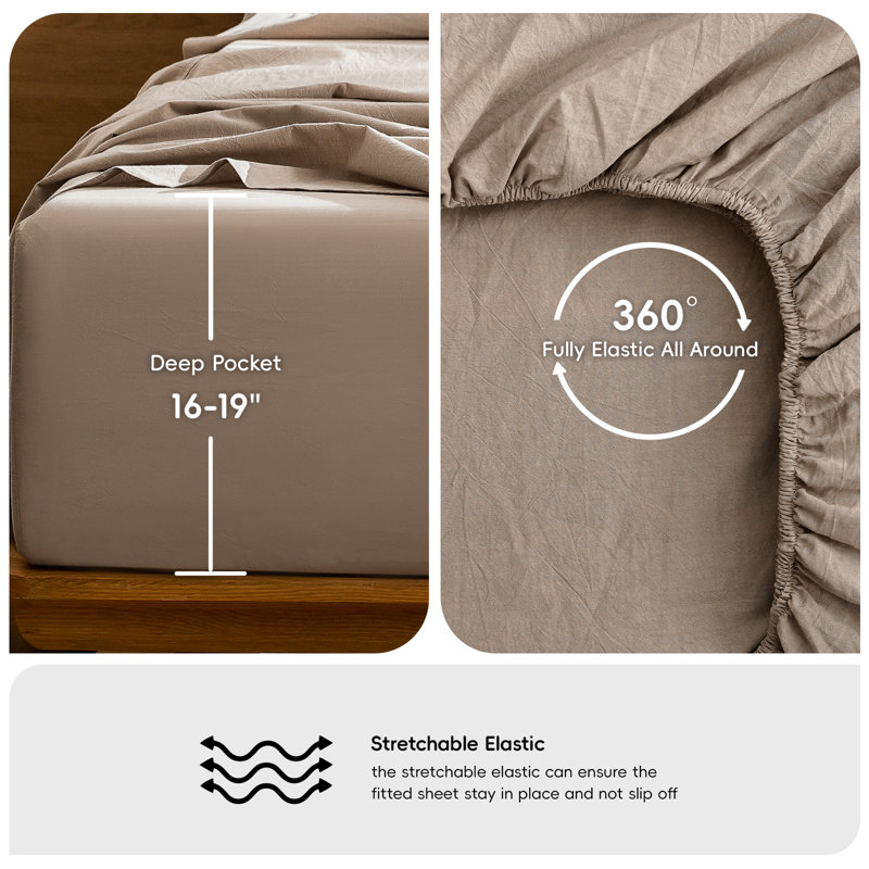 100% Washed Cotton Sheet Set Extra Deep Pocket Linen Like Textured, King Sheet Set with 2 Pillowcases, Taupe