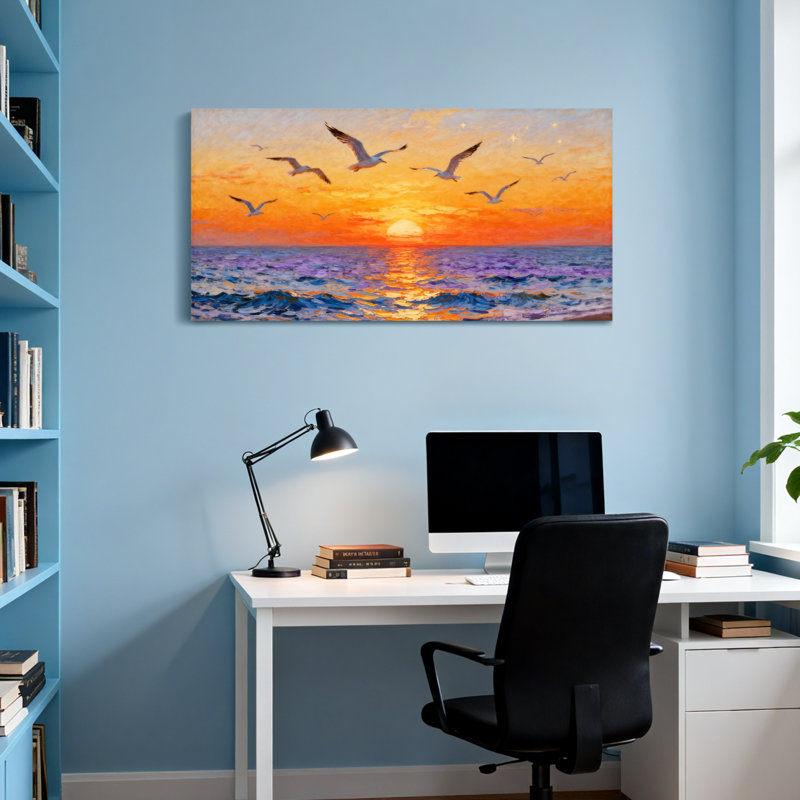 Paysage et nature, coucher de soleil, vagues océan, mouettes, reflet du ciel, toile, H 20 po x l 40 po