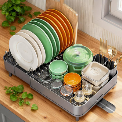 Dish Drying Rack With Cutlery Holder, Foldable Stainless Steel Dish Drainer Rack For Kitchen Countertop, Dual Section Organizer With Efficient Drainage
