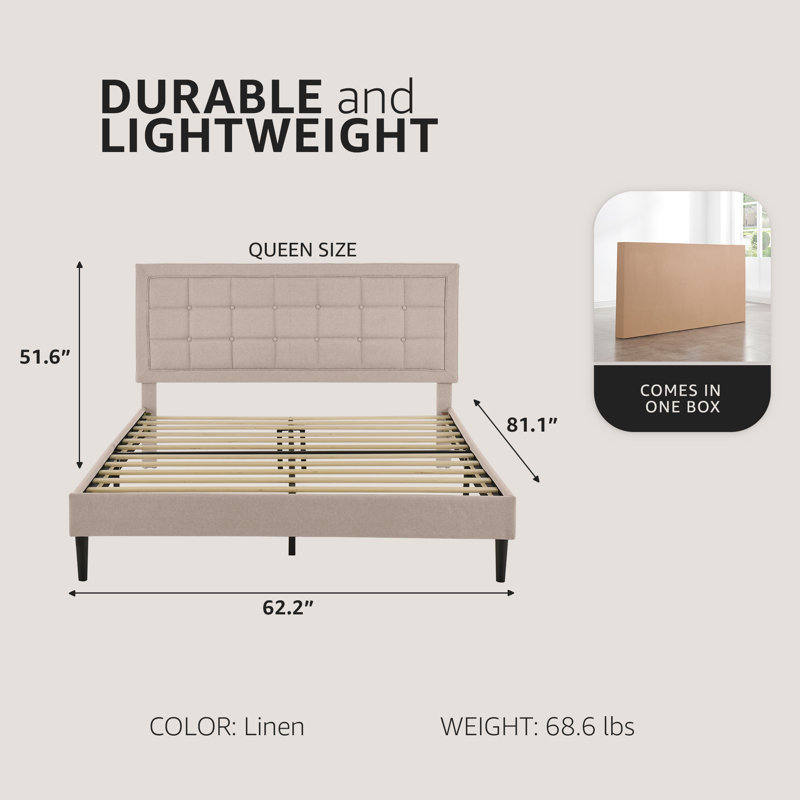 DeCoro Mornington Upholstered Platform Bed w/ Metal Frame, Linen, Queen